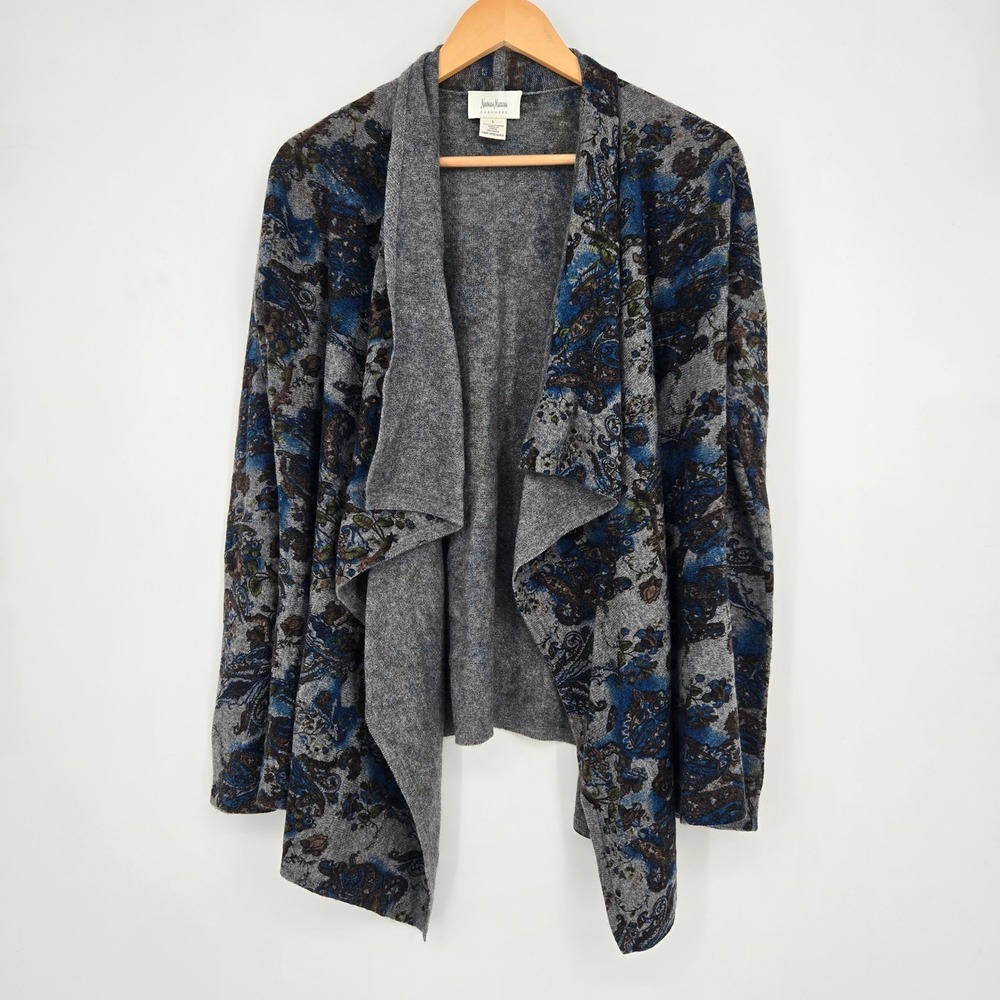 Neiman Marcus Womens L Cardigan Sweater Gray Blue Paisley Cashmere Draped Luxury